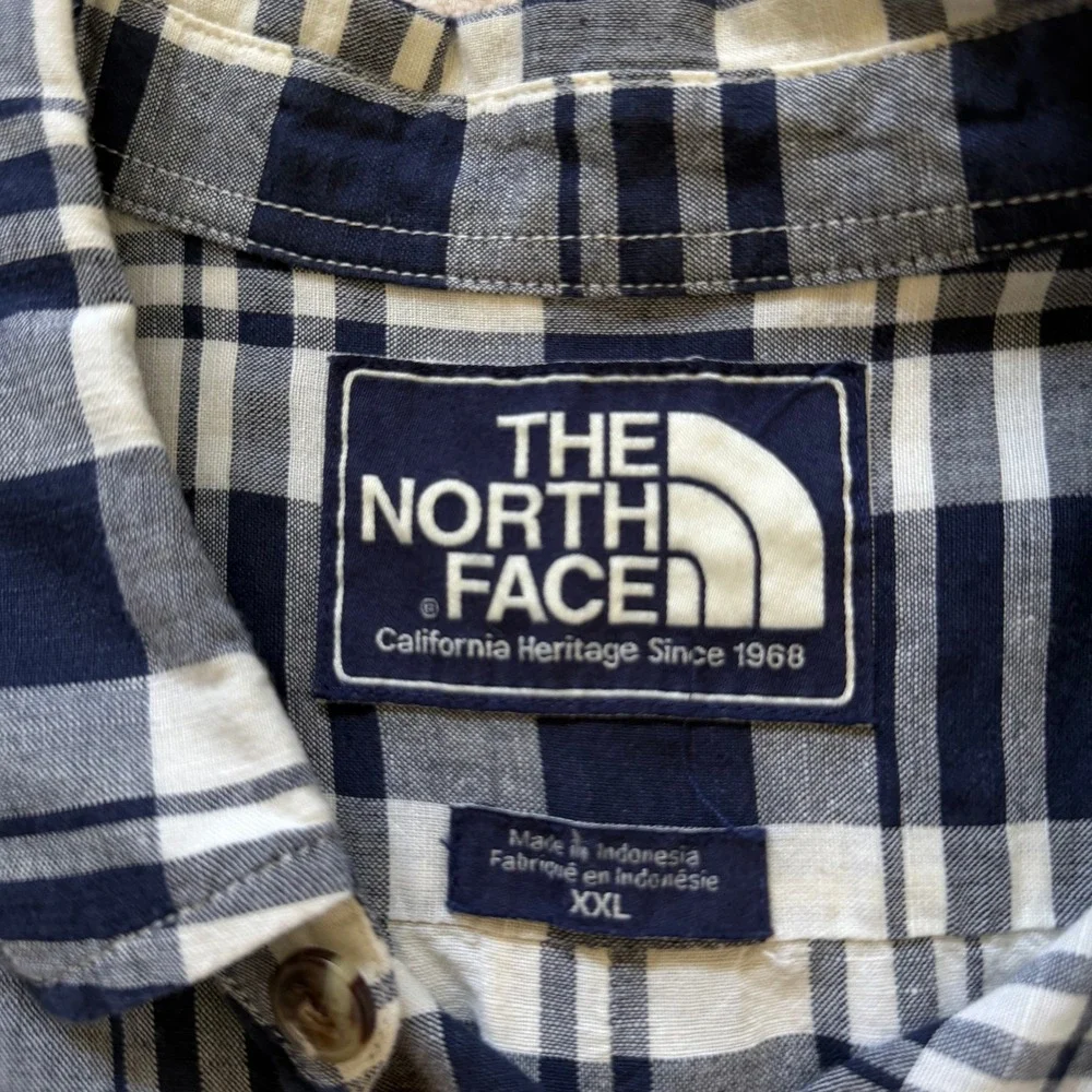 The North Face Mens Heritage Plaid Linen Cotton Button Down Shirt Navy White XXL